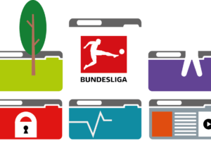 6 browser windows containing symbols: a tree, the football Bundesliga icon, an accessibility icon, a lock, a heart monitor and normal web content