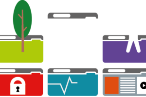6 Browser windows, one of them is empty, the others contain symbols: a tree, an accessibility icon, a lock, a heart monitor and a normal web content.