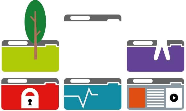 6 Browser windows, one of them is empty, the others contain symbols: a tree, an accessibility icon, a lock, a heart monitor and a normal web content.