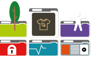 6 Browserfenster mit folgenden Symbolen: Baum, T-Shirt mit Blatt drauf, Mensch, Schloss, Pulsmonitor und normaler Inhalt einer Webseite.