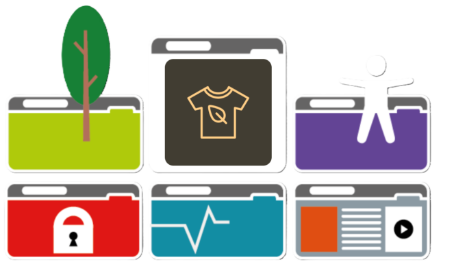 6 Browserfenster mit folgenden Symbolen: Baum, T-Shirt mit Blatt drauf, Mensch, Schloss, Pulsmonitor und normaler Inhalt einer Webseite.
