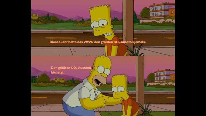 Bart Simpson guckt traurig und sagt: "Dieses Jahr hatte das WWW den größten C02-Ausstoß jemals." Homer Simpson wirft mit erhobenem Zeigefinger ein: "Den größten CO2-Ausstoß bis jetzt."