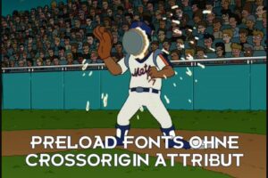 Futurama Blernsball Spieler erwartet einen Ball zugeworfen zu bekommen, kriegt aber stattdessen eine Torte ins Gesicht. Bildunterschrift: PRELOAD FONTS OHNE CROSSORIGIN ATTRIBUT