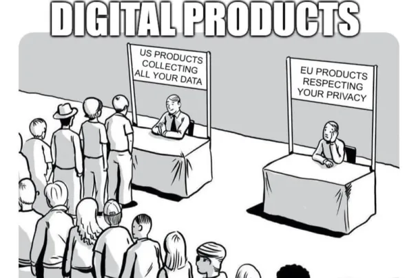 The meme of two stands where one has a huge queue the other doesn't have any visitors. The headline reads 'DIGITAL PRODUCTS'. The busy stand says 'US product collecting all your data' the empty one says 'EU product respecting your privacy'