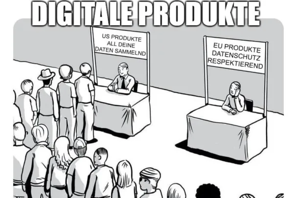 Überschrift: "Digitale Produkte". Zwei Messe-Stände. Einer hat eine lange Warteschlange, das Schild zeigt "US Produkte all deine Daten sammelnd". Der andere hat gar keine Besucher, das Schild zeigt "EU Produkte Datenschutz respektierend".