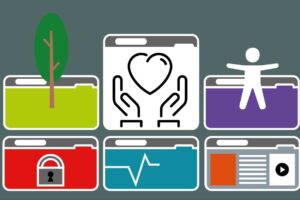 6 browser windows containing symbols: a tree, an icon of a heart hovering above two hands, an accessibility icon, a lock, a heart monitor and normal web content