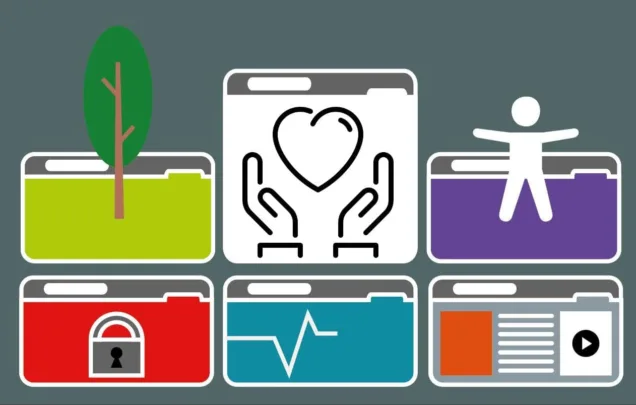 6 browser windows containing symbols: a tree, an icon of a heart hovering above two hands, an accessibility icon, a lock, a heart monitor and normal web content