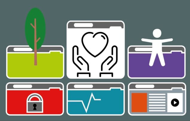 6 browser windows containing symbols: a tree, an icon of a heart hovering above two hands, an accessibility icon, a lock, a heart monitor and normal web content