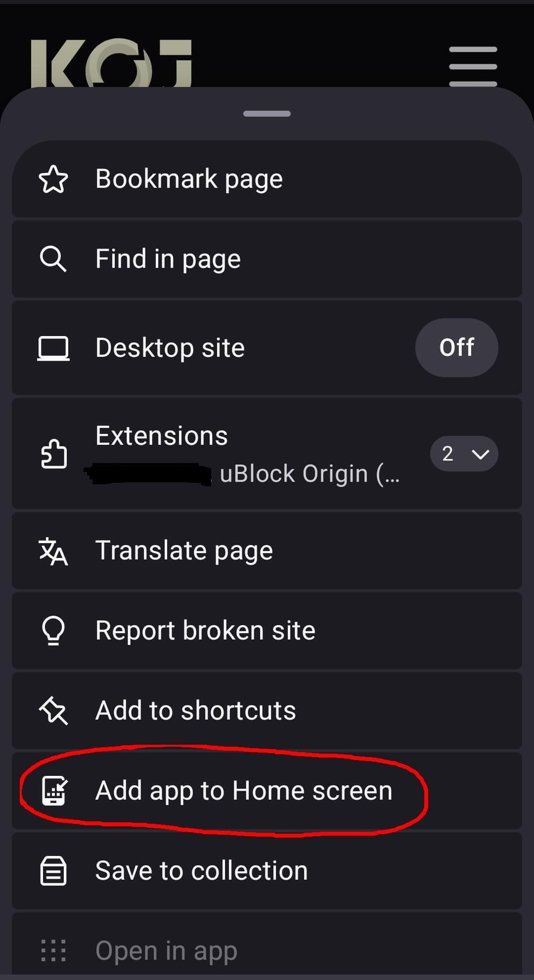 Installing a PWA in Firefox on Android via the menu