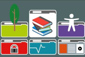 6 browser windows containing symbols: a tree, a books emoji an accessibility icon, a lock, a heart monitor and one with normal web content